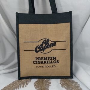 Al Capone cigarillos burlap tote bag